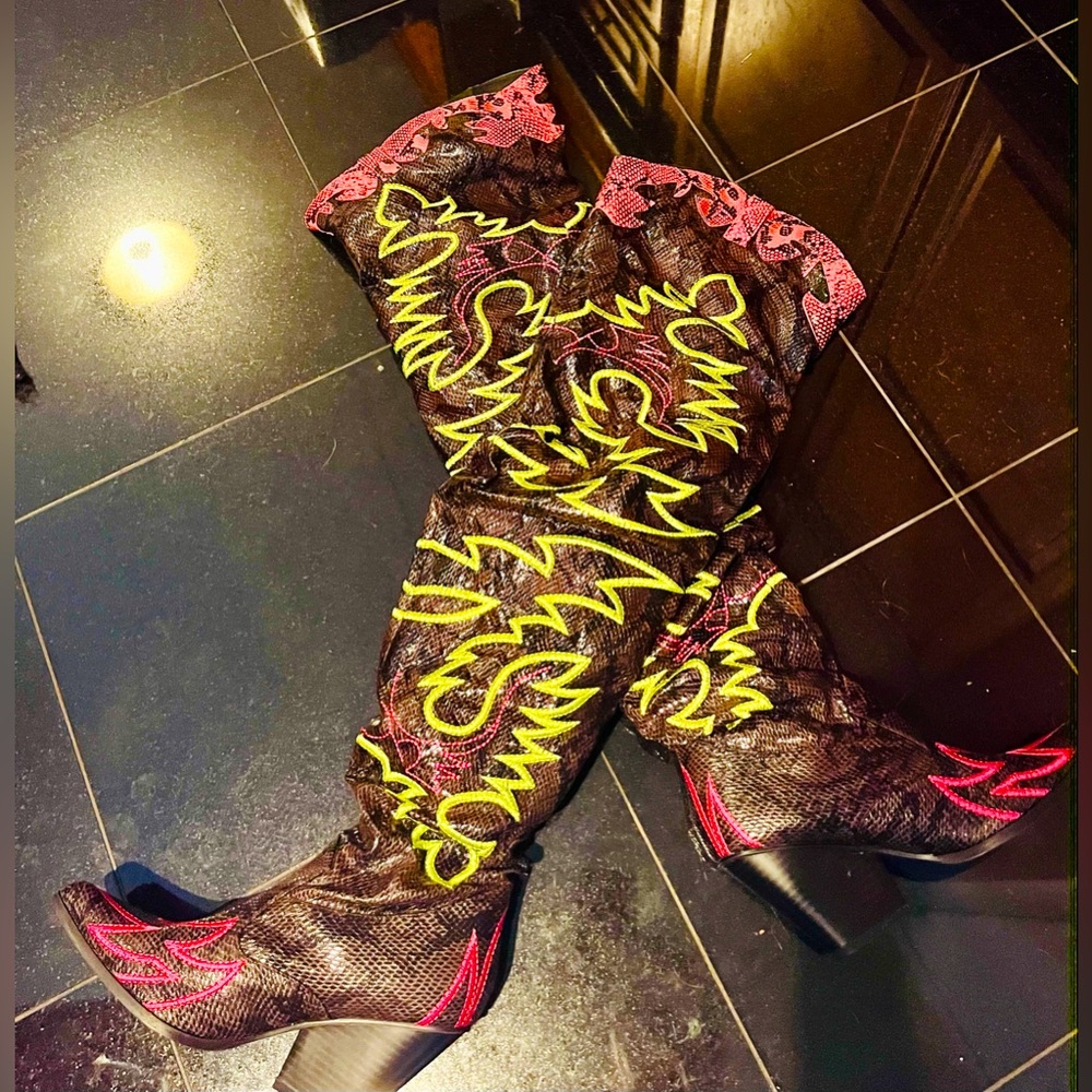 Above knee fun party boots in a cowboy style.